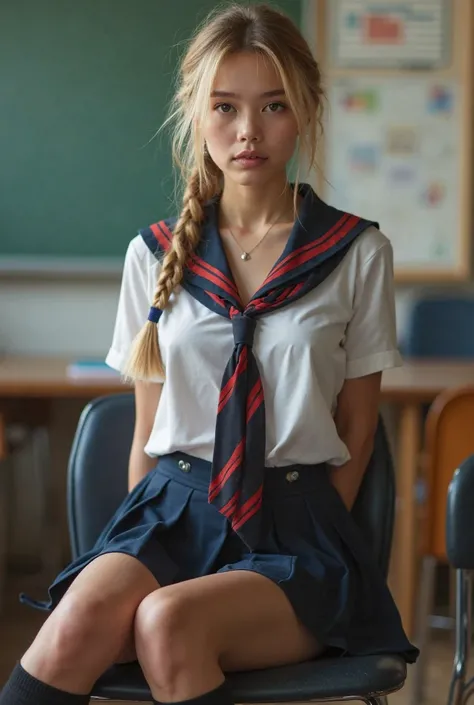 1 very young looking skinny age girl posing in frame , very slim tight skinny supermodel body, s, long braided ponytail blonde, in high school, in sexy high school uniform, in a miniskirt, s face, small breasts push-up, flirting, black stockings, full body...