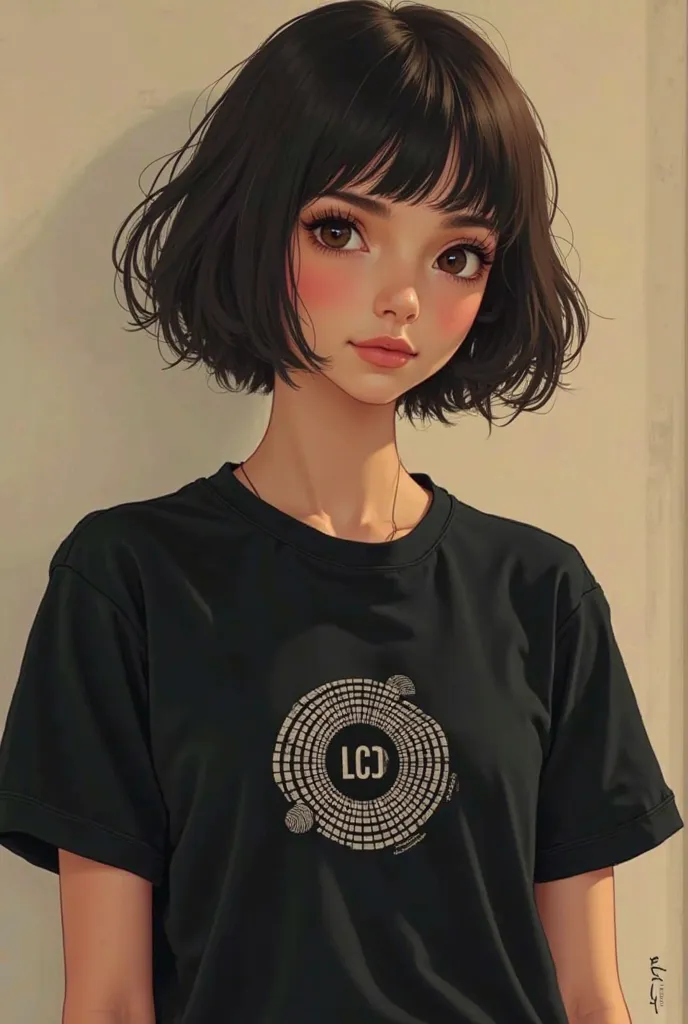 Create me an image of a girl who has short hair that reaches above her shoulders and has a division in the middle,  brown eyes. That I have a style wearing a black t-shirt that refers to the. LCD sound system band in the center of the t-shirt.. That she ha...