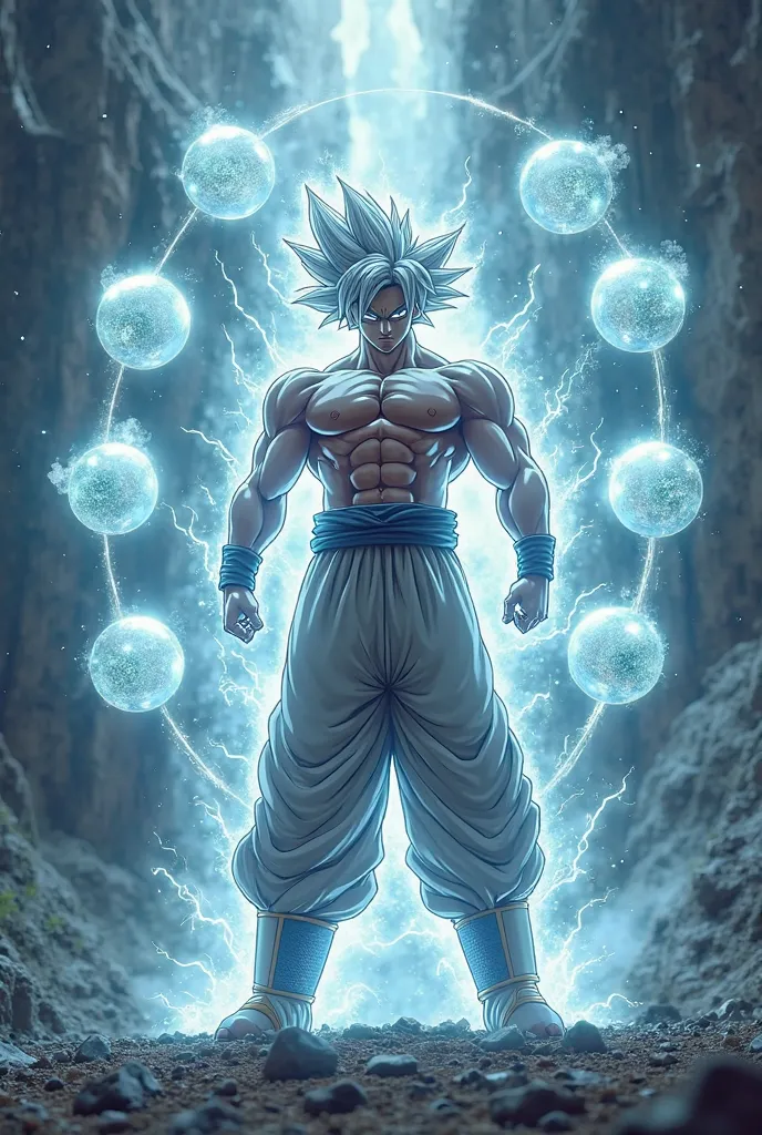 Goku in ultra instinct transformation with the 7 dragon spheres floating around 