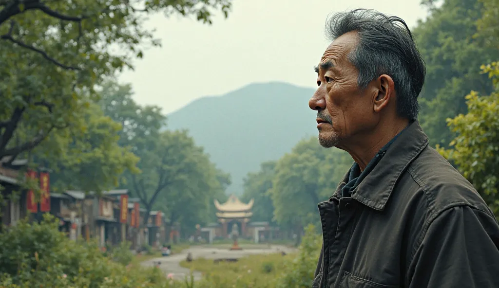 Generate one on the right side of the image a middle-aged Korean man thinking about the scenery of a Korean square empty of people and full of nature with Jesus close