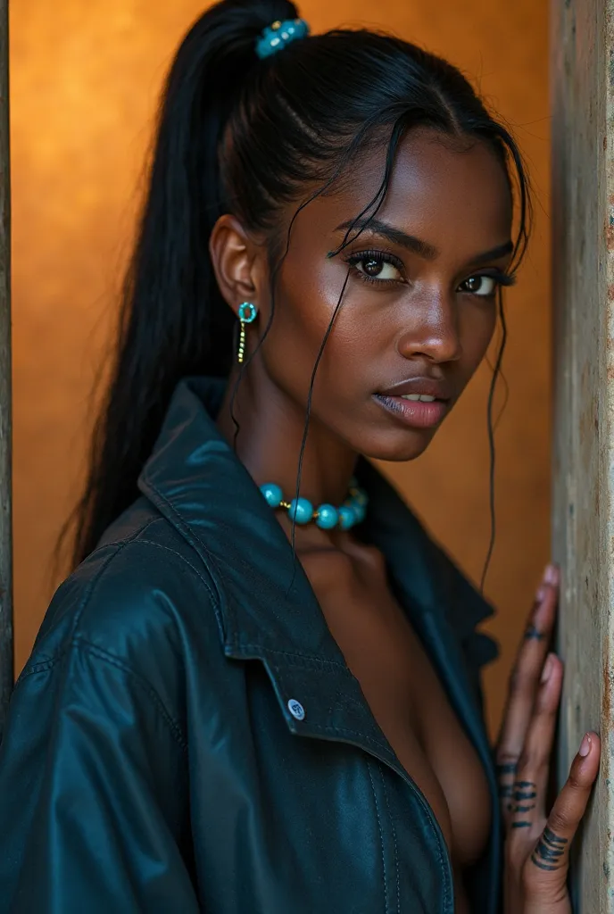 In this cinematic shot, An impressive composition in proportion 1:1 of Siena frames the beautiful black Algerian girl., showing their striking features amidst a background of warm tones bathed in HDR:1.4 lighting. Her VERSACE haute couture winter coat and ...