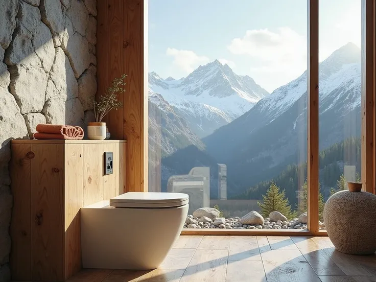 Create me a modern rustic toilet with mountain views