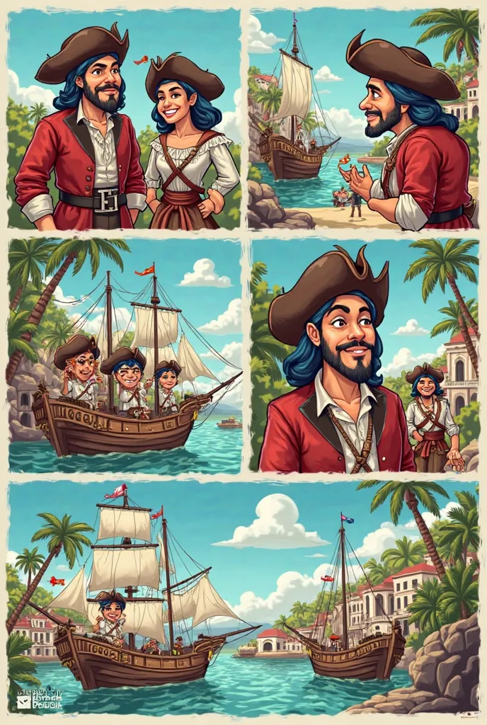 Make me a cartoon with 6 vignettes about painting 2 of the book The Pirates of Cartagena