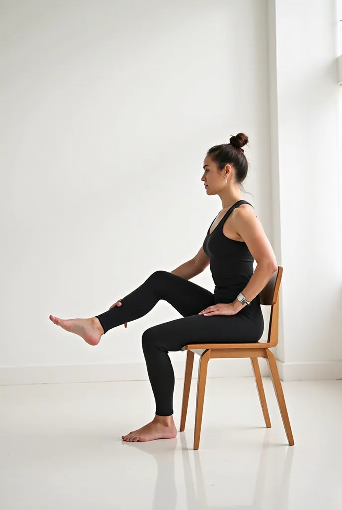 Pilates in a seated chair where you do a trunk inclination and touch your right ankle with your right hand