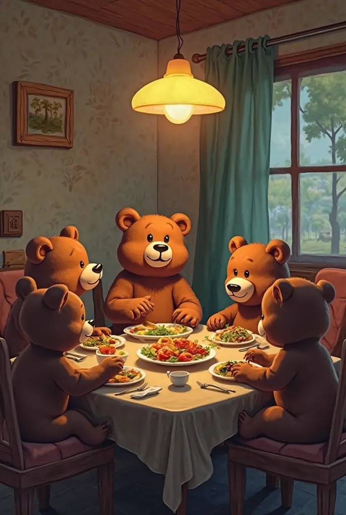 Make 5 little young age bear  with Brown body color,  having dinner in in side house they are in room and  sit-in chair  lots of  food on table  and eating together  also in side the room on the wall name big NG Officials Airdrop 