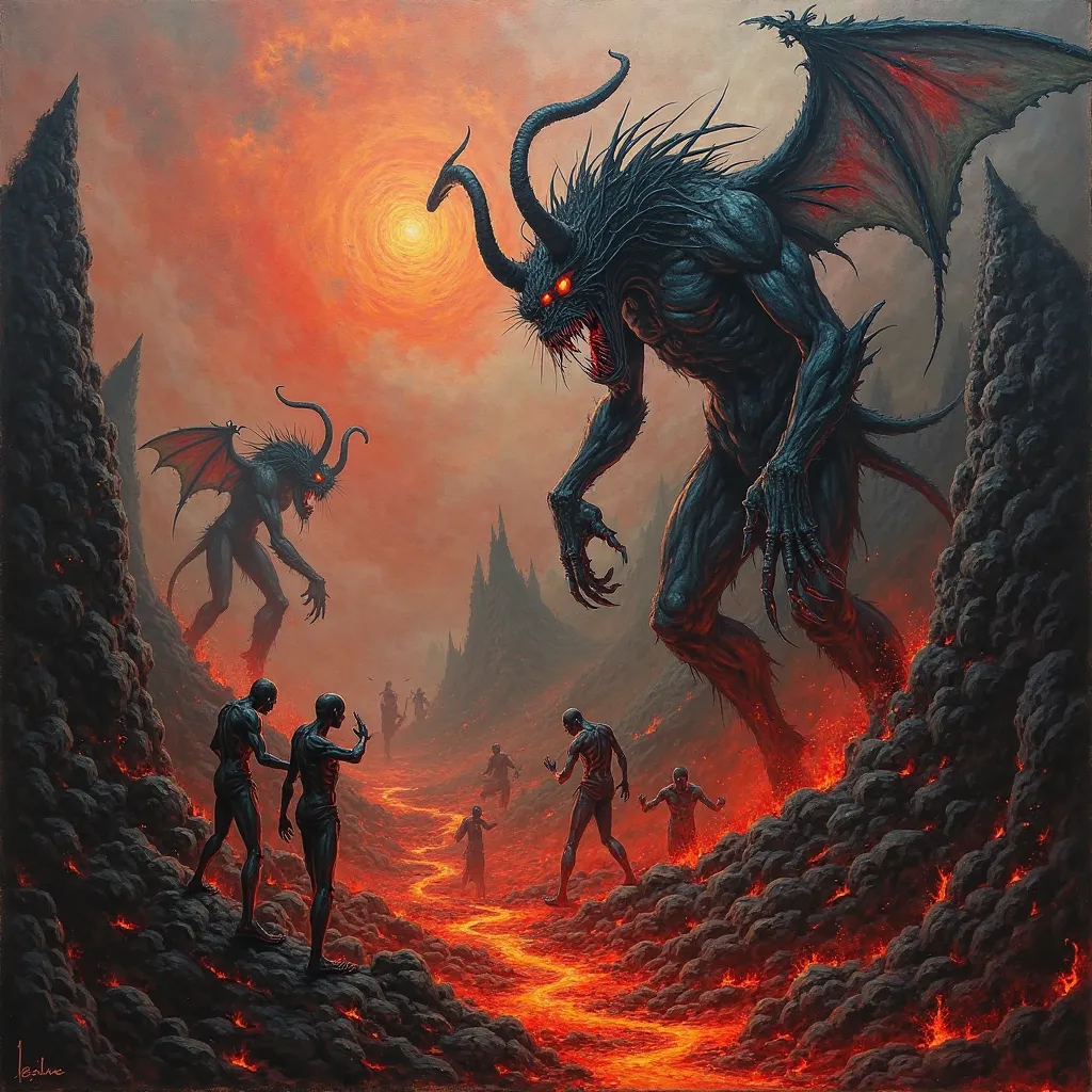 Create me a painting of what hell is like and with terrifying creatures, demons 