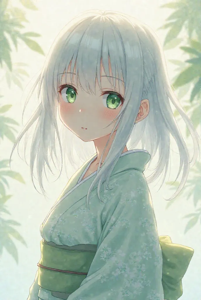  White-haired girl, with kimono, green eyes,  a single girl , anime