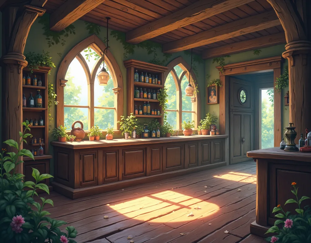 old potions tavern with no one there, closed entrance door in the background, morning sun rays coming through the windows, with some simple potions on the counter, empty shelf on the left with nothing, animation style