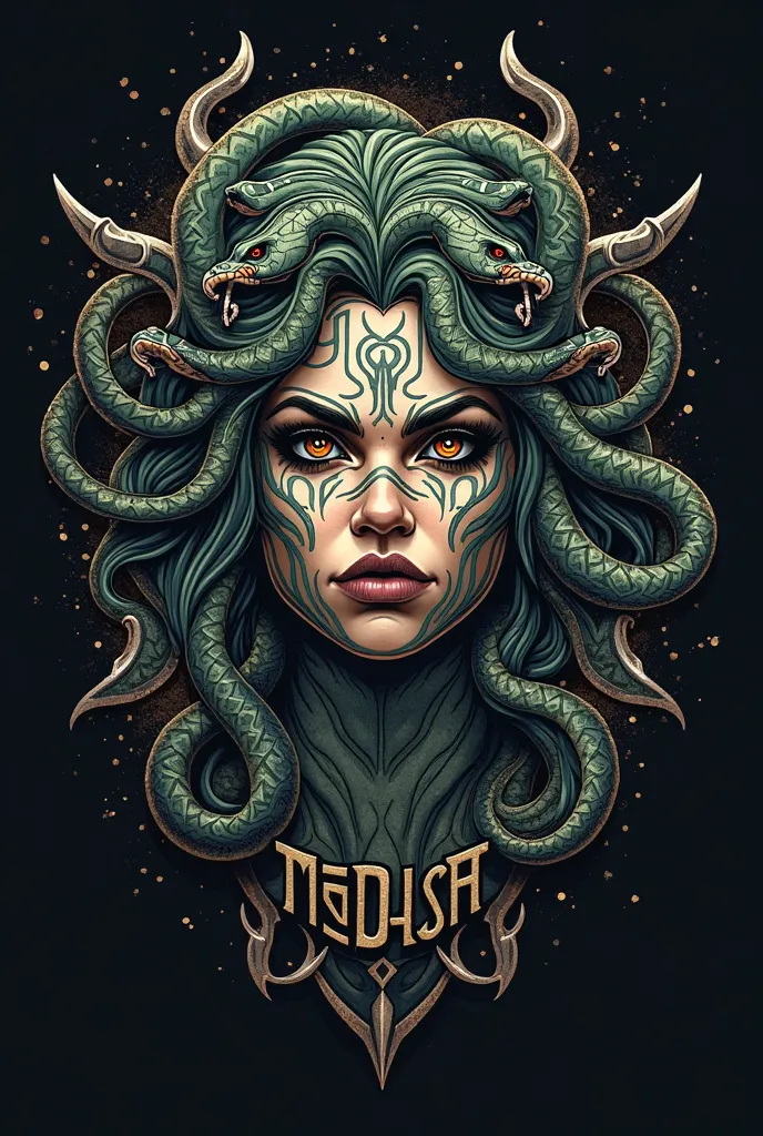 Create a logo with a head of the goddess Medusa with her face tattooed and written Medusa Fight on the back 