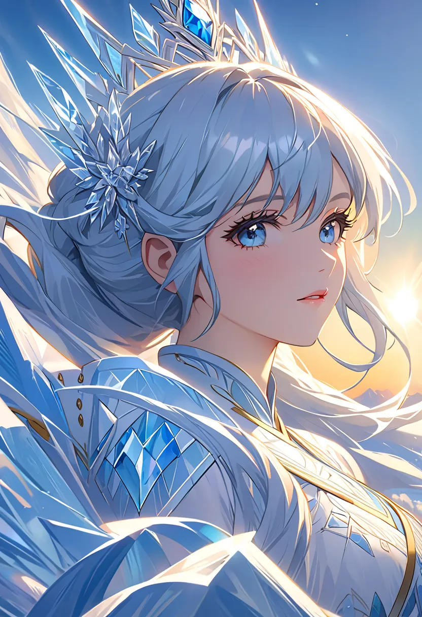 ` The Ice Queen of the Kingdom with the Sun in the background, high image quality, Precise Details`  