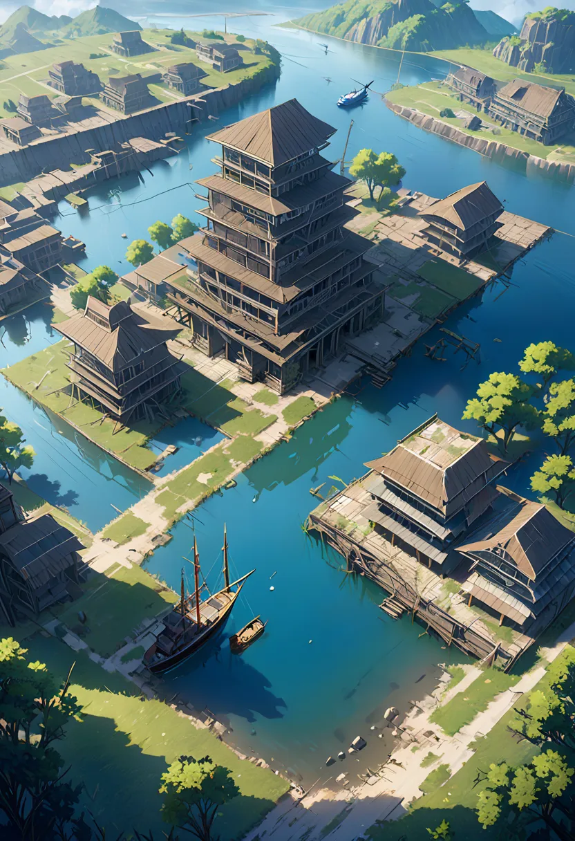   create a post-apocalyptic scenario where water flooded the Earth,  few trees 、Add high-resolution details such as structures and buildings . 放置された建物などのHigh Resolutionの詳細を追加する,  cracks in structures ,  Add high resolution details such as faulty electrical...