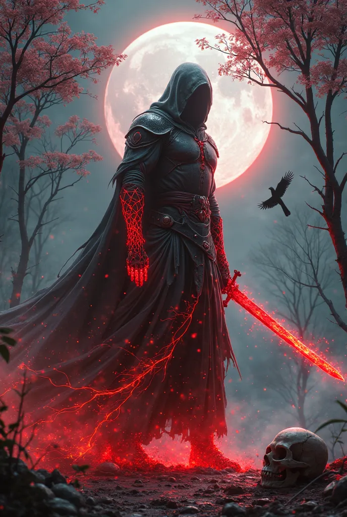 Dark character with red energy cracks on his body holding a sword coming out spark ,a dark outfit with red energy lights,and with a landscape in the background tree with red leaves and night with moon tree on his left side a skull on his right side on the ...