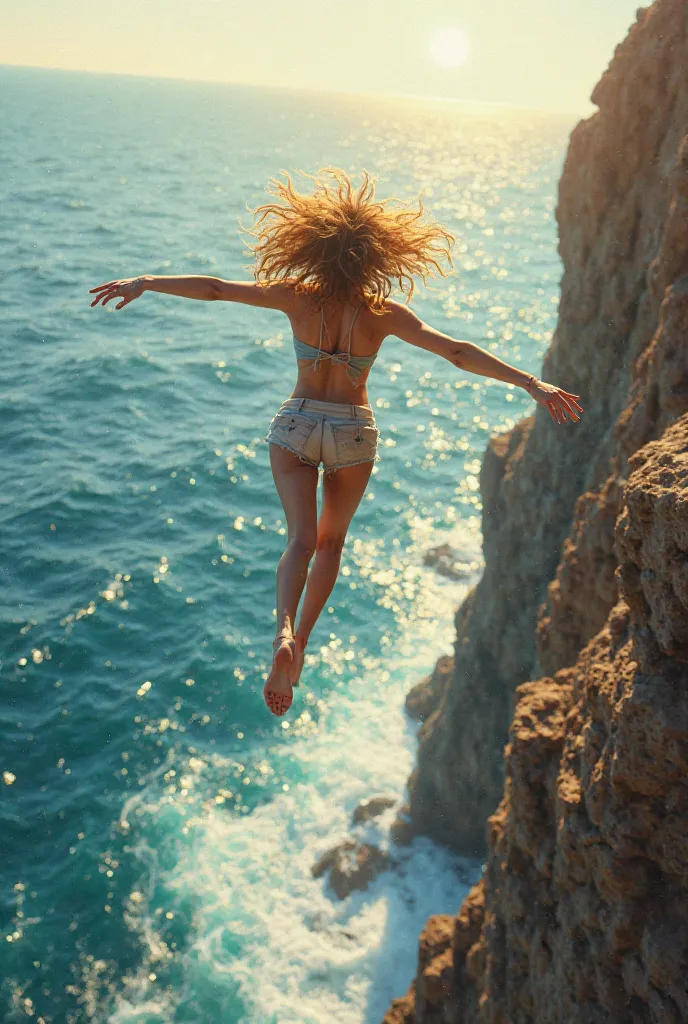  Blonde woman  , with curly hair jumping off a cliff, The sea is in the background, It&#39;s afternoon, hyperrealistic scene .