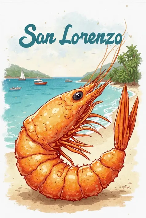 A breaded shrimp in a cartoon style and watercolor, with a crisp and golden texture that makes it look very appetizing. The shrimp retains its head and antennas, highlighting its characteristic shape. behind, the word San Lorenzo integrates harmoniously wi...