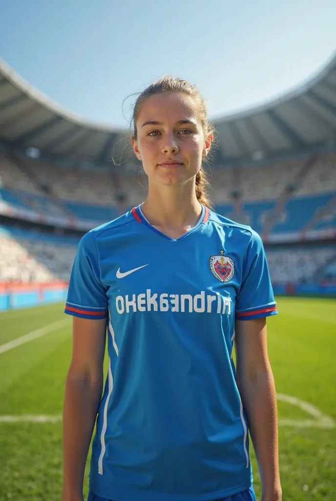 Athlete girl wearing a blue sports shirt with Oleksandriya written on it against the background of a football field 