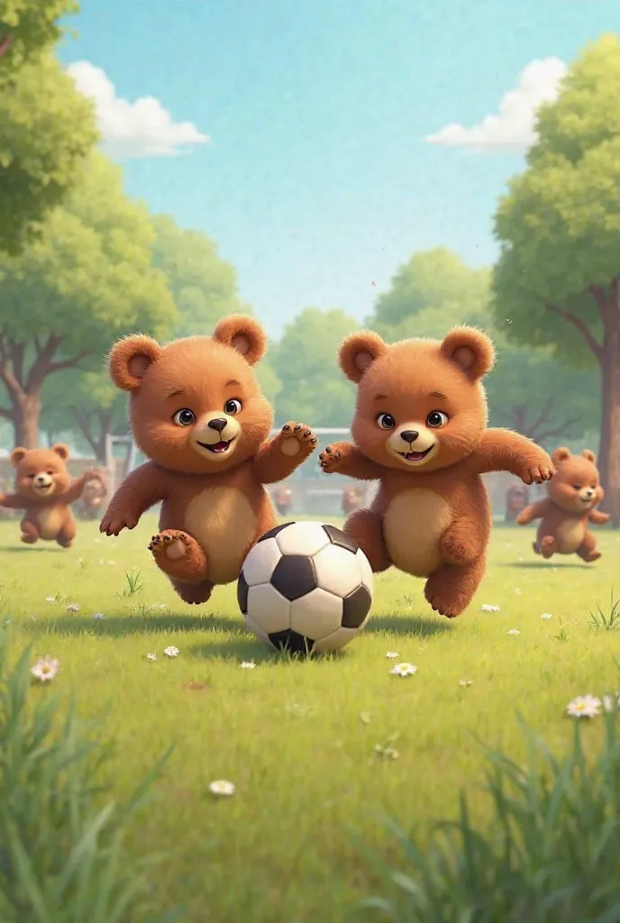 Make  young age bears  with Brown body color, Playing football in ground  