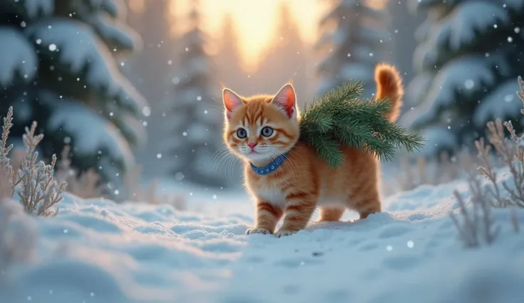 Photorealistic quality. Evening twilight, falling snow, smooth-haired ginger kitten with a blue collar carries a large spruce branch on its back. Background - winter spruce forest