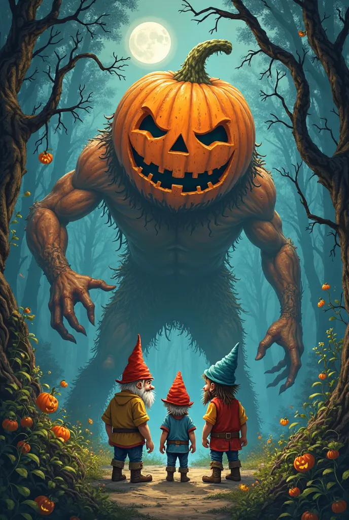 create a book cover art of three little gnomes- a dad, a son and a daughter, standing before a giant pumpkin monster in the middle of a deep, dark forest.