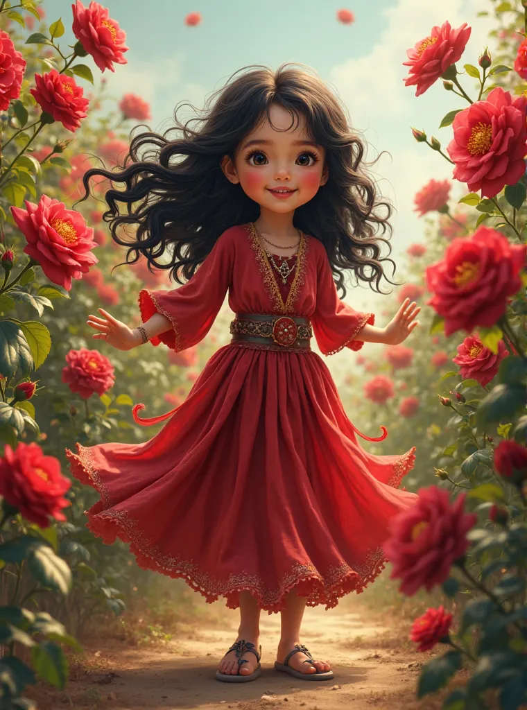 a small five-year-old ,  In red gypsy clothing,  long and wavy black hair , Swirling in a red rose garden