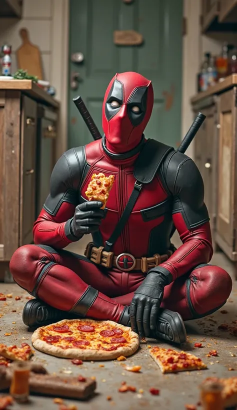 inside your kitchen
A final frame shows Deadpool sitting on the floor amidst the disaster, holding a slightly dusty slice of pizza. His expression is one of carefree amusement as he takes a bite, embracing the mess.