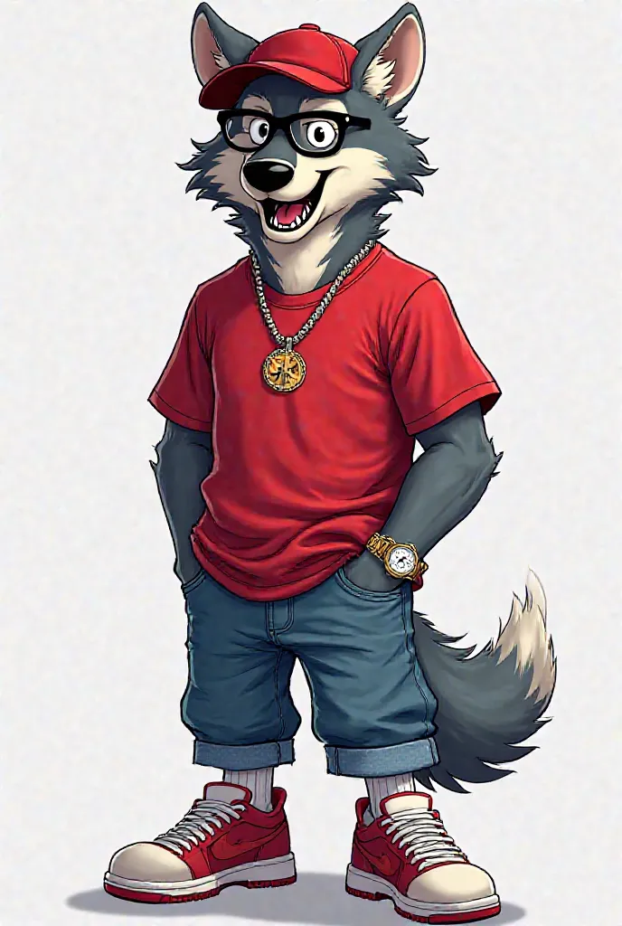 Hello can you help me create an image of a cartoon wolf, It must have a body, glasses and baseball cap, sharp teeth, oversized red t-shirt, jeans above the knee, socks, Jordan sneakers, necklace and watch with diamonds