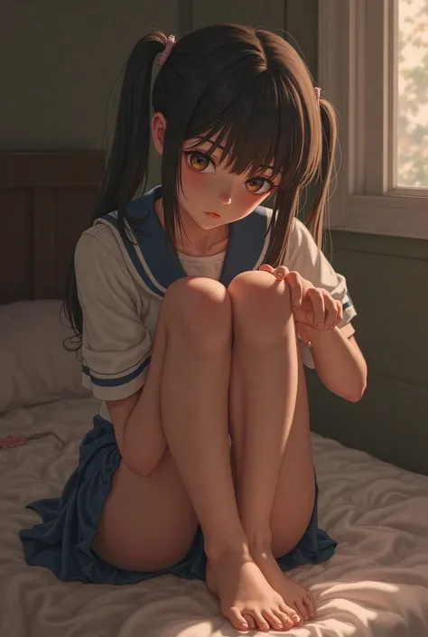 Schoolgirl showing her feet without shoes with pantyhose and spread her legs showing her vagina without panties with skirt