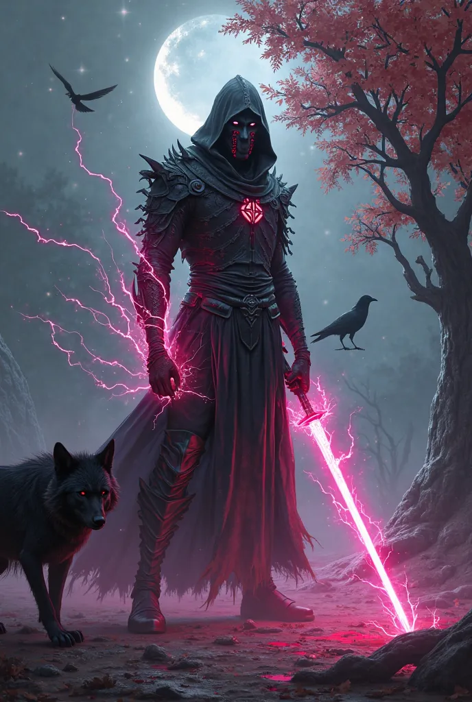 Dark character with cracks of pink energy dripping through the body holding a sword coming out sparks ,a dark outfit with glowing pink energy lights ,And with a landscape in the background tree with red leaves and night with moon tree on its left side an a...