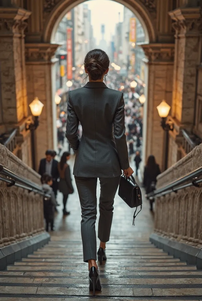 A woman wearing a gray suit is walking, view from behind、top quality、realistic、Climbing the stairs at Tokyo Station、walking、big butt
