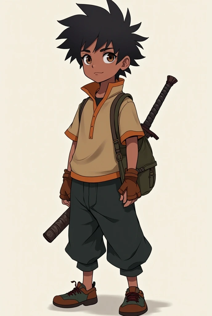  African American boy, Anime character, black messy hair, A earthly color shirt top with earthly color trim and a high collar. Black baggy pants,
Shoes with brown and dark green accents.
Brown fingerless gloves. high quality, 8K Ultra HD, A small, flat, me...