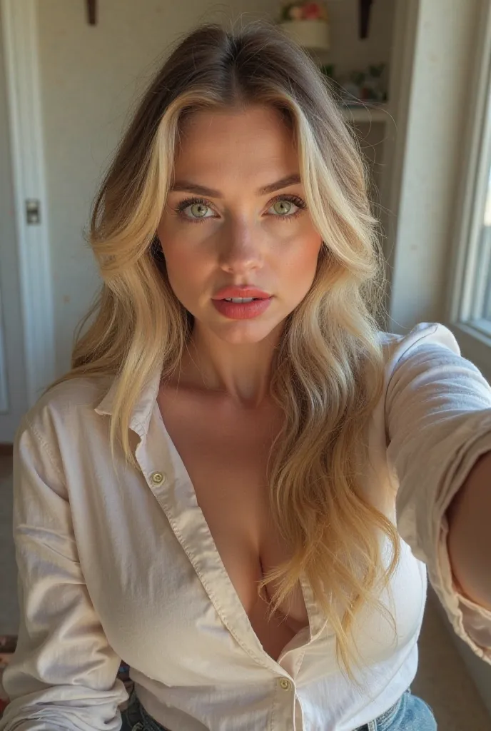 FOR instagram taking a selfie of a ,Ukraine Woman, , long, blonde hair , curvy skinny, , green eyes, redlips makeup, ,  A chic young woman sitting in a sun  room wearing a   shirt. Open catching the soft afternoon  looking amazing 