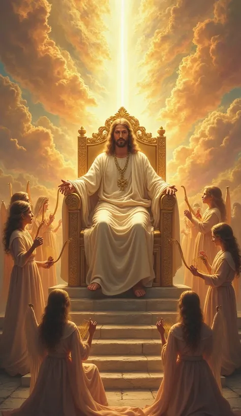 "Jesus enthroned in paradise, seated on a golden throne of light, surrounded by angels playing harps. The sky is filled with vibrant colors, with a celestial aura enveloping the entire scene."

