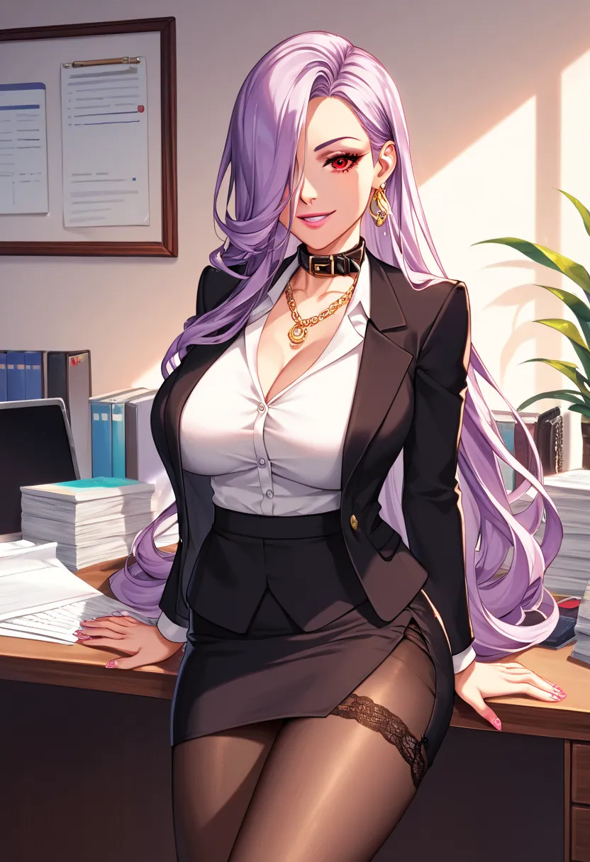 score_9, score_8, score_7,   source  _  animated, 1mature_FE, jeFE de una empresa, dominatriz, white skin, flirtatious look, fine silver lenses ,  smile, pink lip, black dog collar, elegant gold chain necklace, office clothing, black cloth skirt,  very lon...