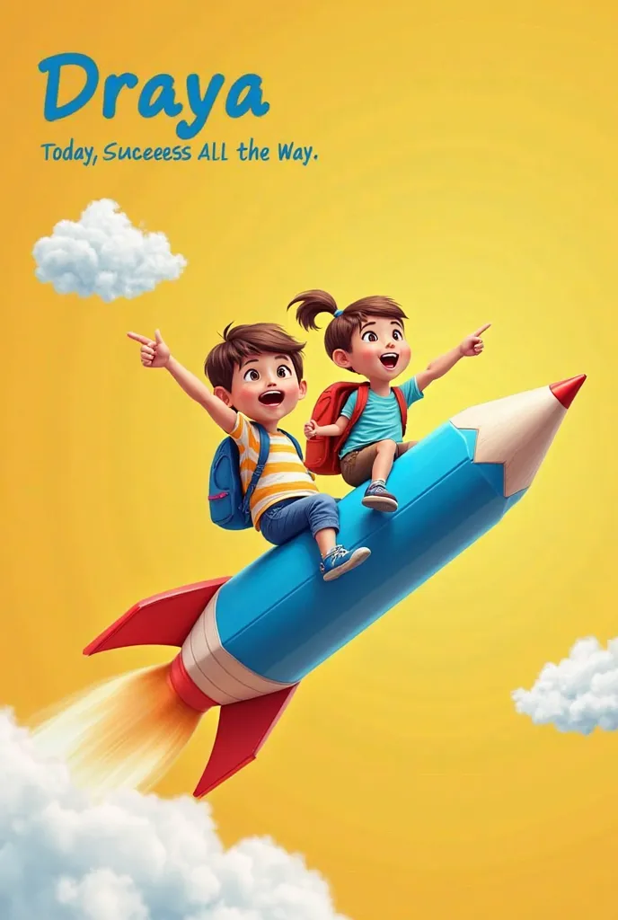 A vibrant and imaginative educational concept art. Two joyful ren,realistic  a boy and a girl, sit on a giant pencil transformed into a blue  rocket, soaring through a bright yellow sky with fluffy white clouds. They wear backpacks and casual clothes, symb...