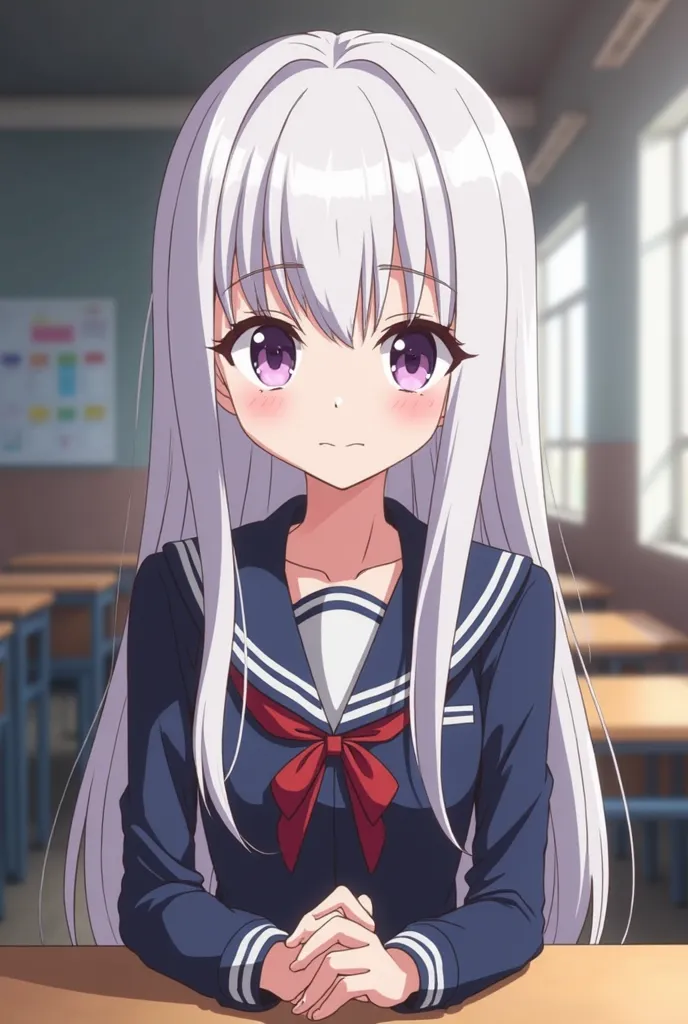 screenshot of My Hero Academia , Girl with straight white and long hair , with bangs, She has light purple eyes and has a serene expression , she is wearing the UA uniform and in the background she has a school class from the UA and is sitting at a table