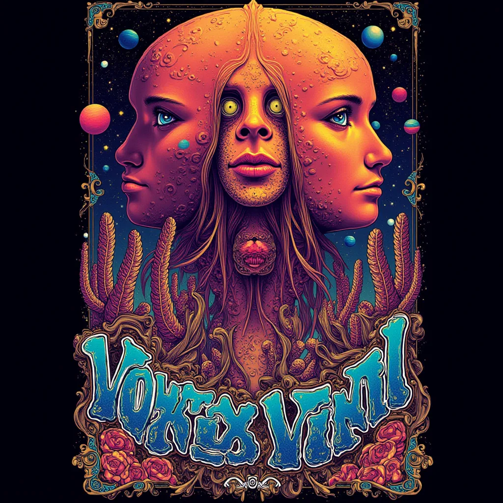 garbled band 70's of the brand twin metal girls wallpaper 8k,  Highly detailed poster for the enigmatic film : ((Vortex Vinil )) banda 70´s de la marca Vortex Vinil  Detalles en HD, pilot, planet in the background , psychedelic cosmic horror, Psychedelic i...