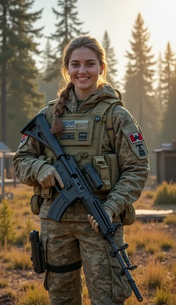 This beautiful 8K quality picture shows a plump, (Ultra-realistic, 8K, HDR, photorealistic:1.4) A Canadian female soldier standing in a forested training camp, smiling at the camera with confidence. She wears a well-textured CADPAT camouflage uniform and c...