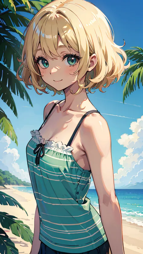 anime, blue sky、 everyday wear、blond short bob with curly hair like women with curly hair、Dark brown skin、Sunburn marks、smile、dark brown big eyes、(White+green)striped camisole、greenとWhiteと青色のスカート、Don&#39;t show your breasts、park full of flowers、butterfly々、...