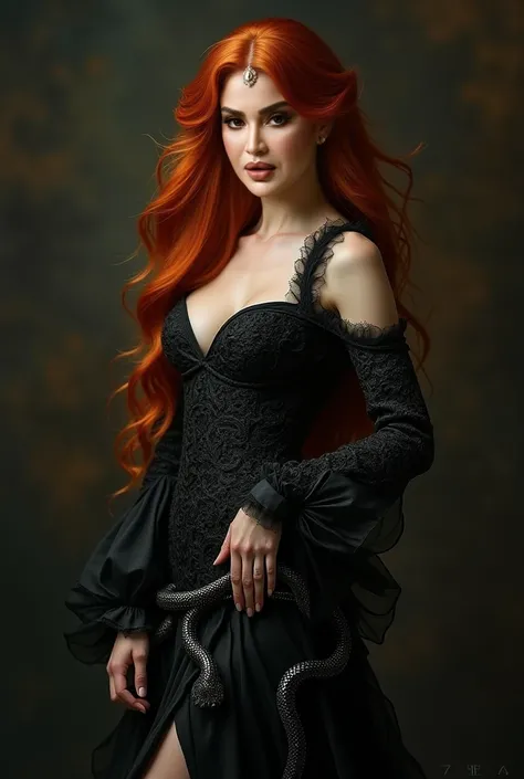 Picture of a woman with long red hair wearing a fancy black dress with a snake 