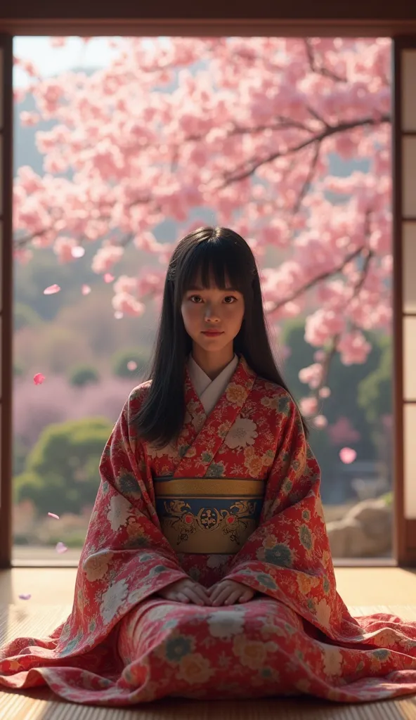 Close-up shot, straight-on angle. A young girl sitting formally in a traditional Japanese room, wearing a beautifully detailed kimono. She gazes directly at the viewer with a calm and serene expression. Her black hair is neatly styled, complementing her de...