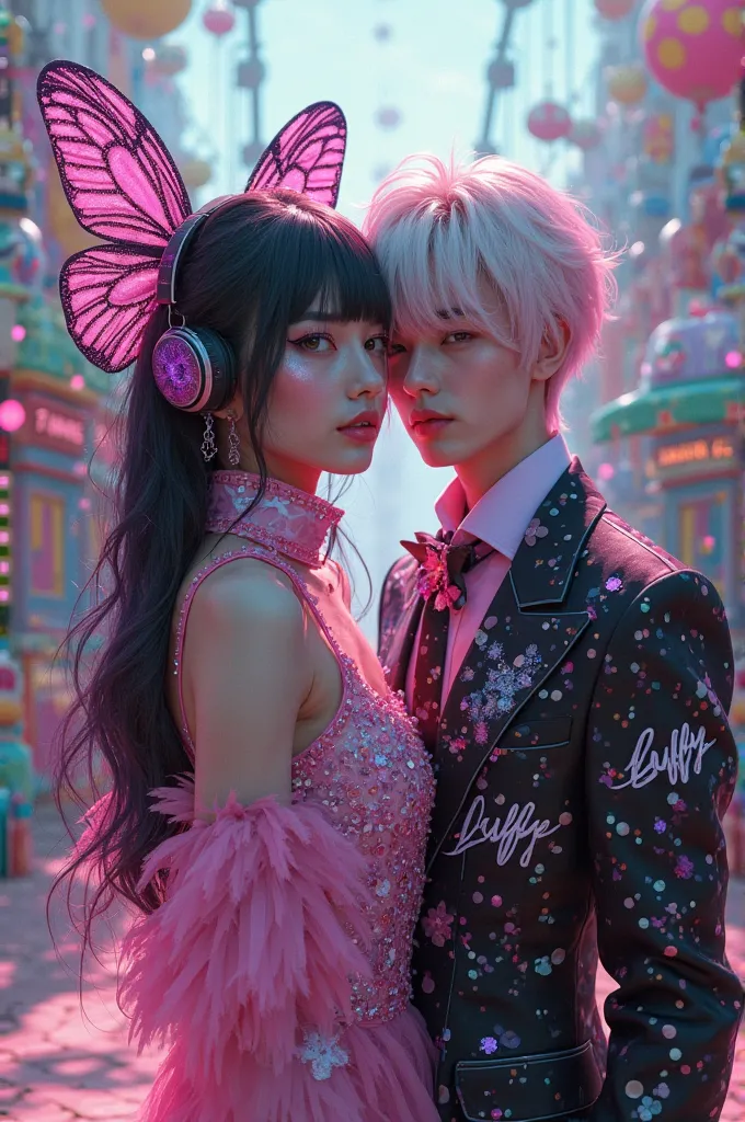 Black purple hair butterfly woman with headphone and phavour written on her  pink glitter dress and white pink hair man with luffy written on his suit in amusement park 