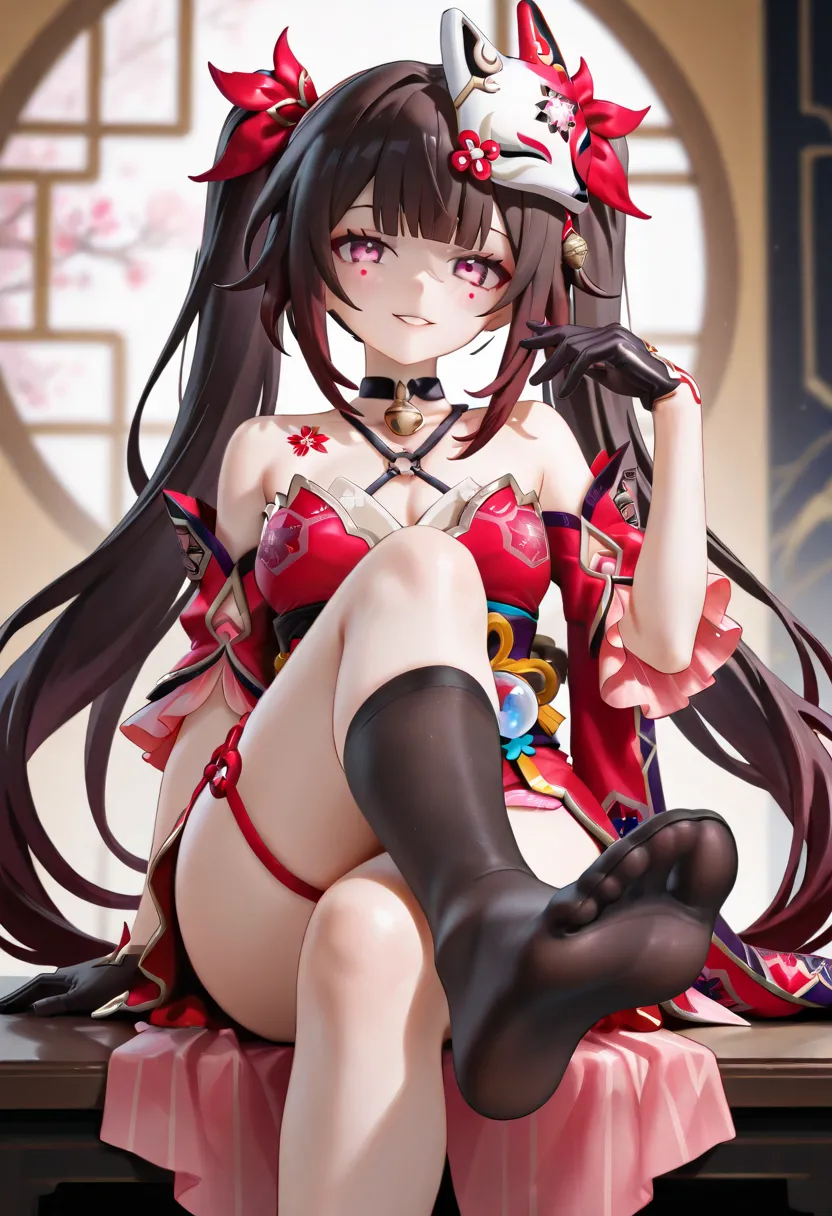 masterpiece, best quality, absurdres, sparkle \(fictitious game\) \(honkai: star rail\), sparkle \(honkai: star rail\), 1girl, asymmetrical legwear, black gloves, black socks, black thighhighs, blurry, blurry background, breasts, brown hair, crossed legs, ...