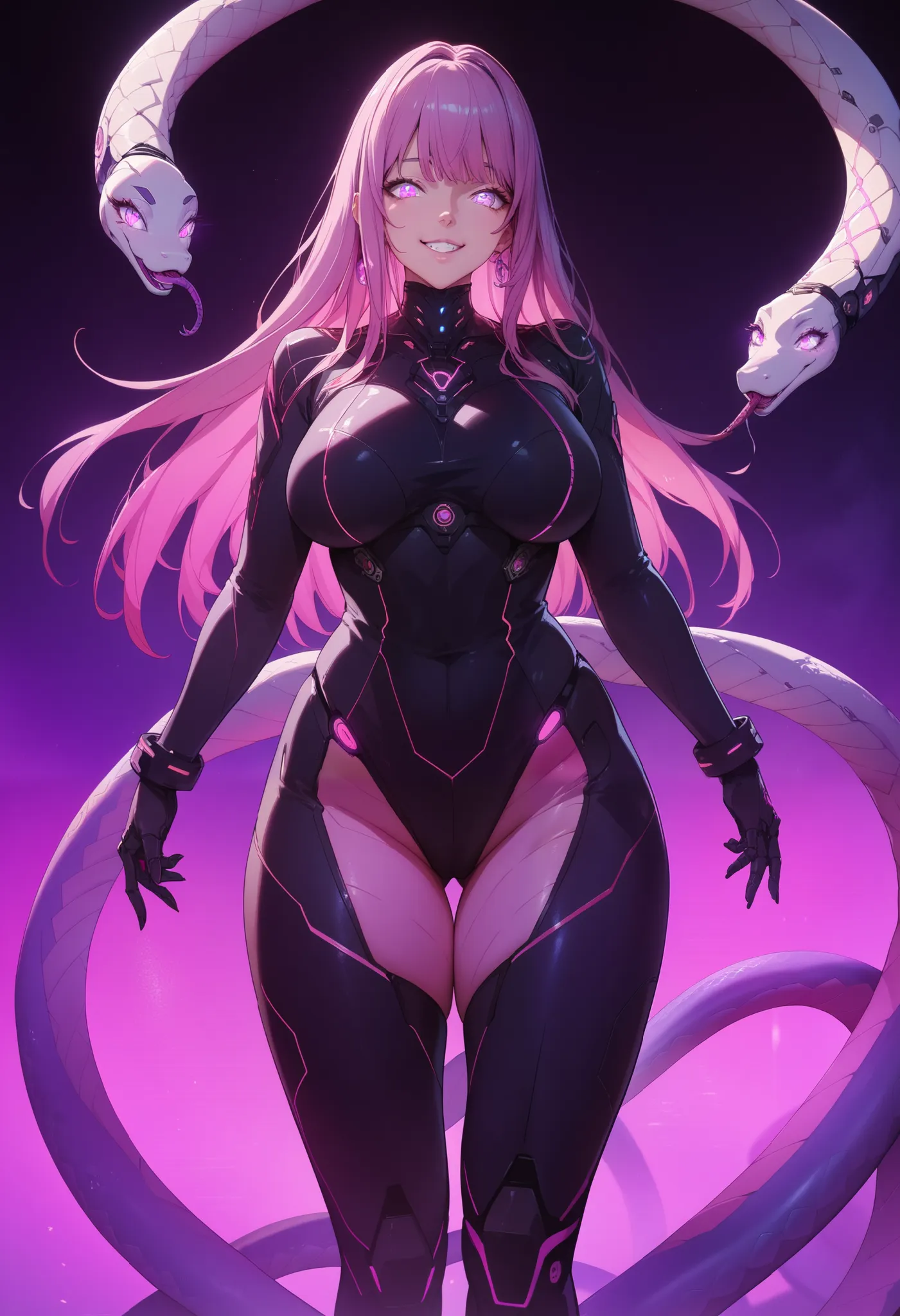 Sci-fi style girl. Mechanical bodysuit. Purple image color. Long hair. Straight hair. Even bangs. Smiling. Glowing eyes. Multiple snakes growing from body. Mechanical snake. Thighs. Thick legs. Breasts perky.
