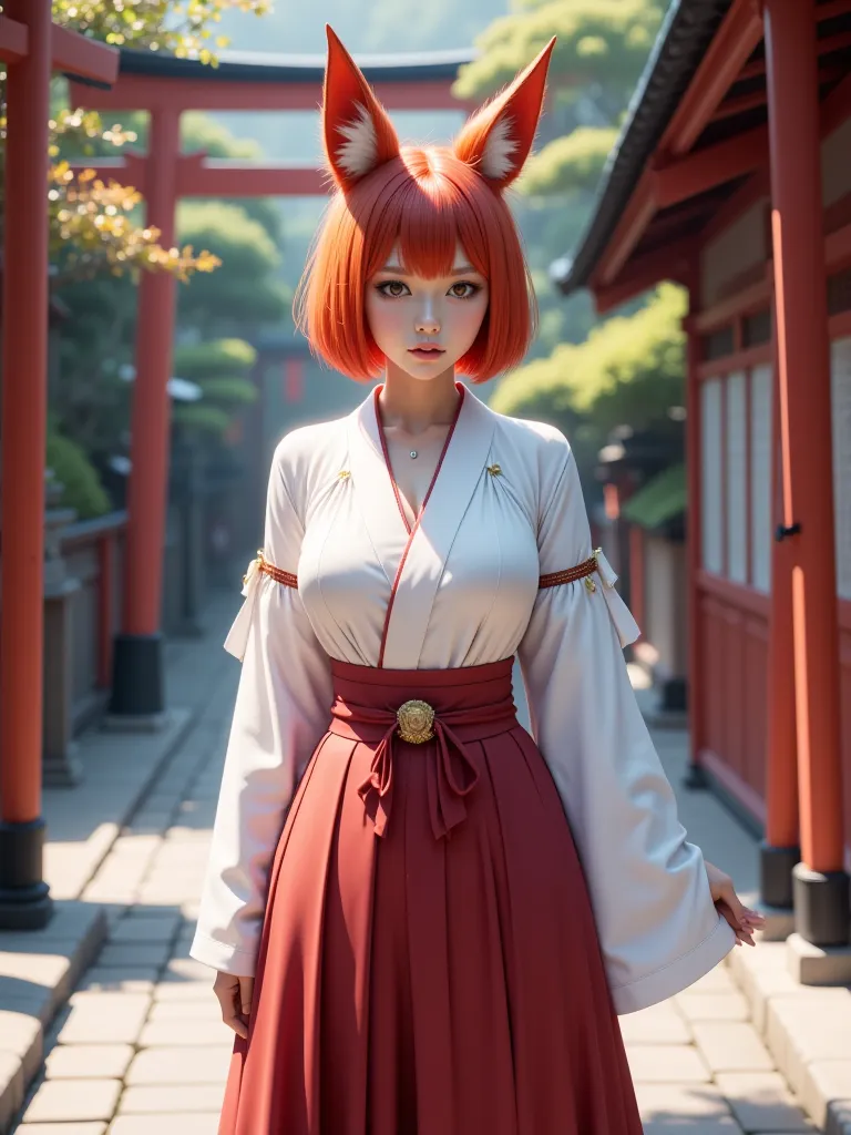 1 girl, High Resolution, Photo by Nimi ×4，big breasts， nice buddy，model body type，
short bob，bright hair color，Solemn Shrine, Torii Gate, Big Fox Ears, White Kosode, Red Hakama, Inari Shrine Maiden 