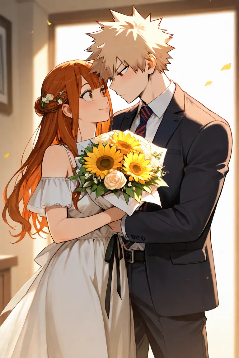 bakugo katsuki, girl with long auburn hair, couple, cute, ultra detailed, flower bouquet