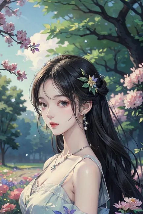 Rich ink painting 、 top quality、 masterpiece、 high image quality、 Official Art、  young,  graceful and beautiful woman 、perfect faces 、 long brownish black hair  、 perfect style、 wearing a light purple transparent dress 、 earrings、 necklaces、  full of peace...