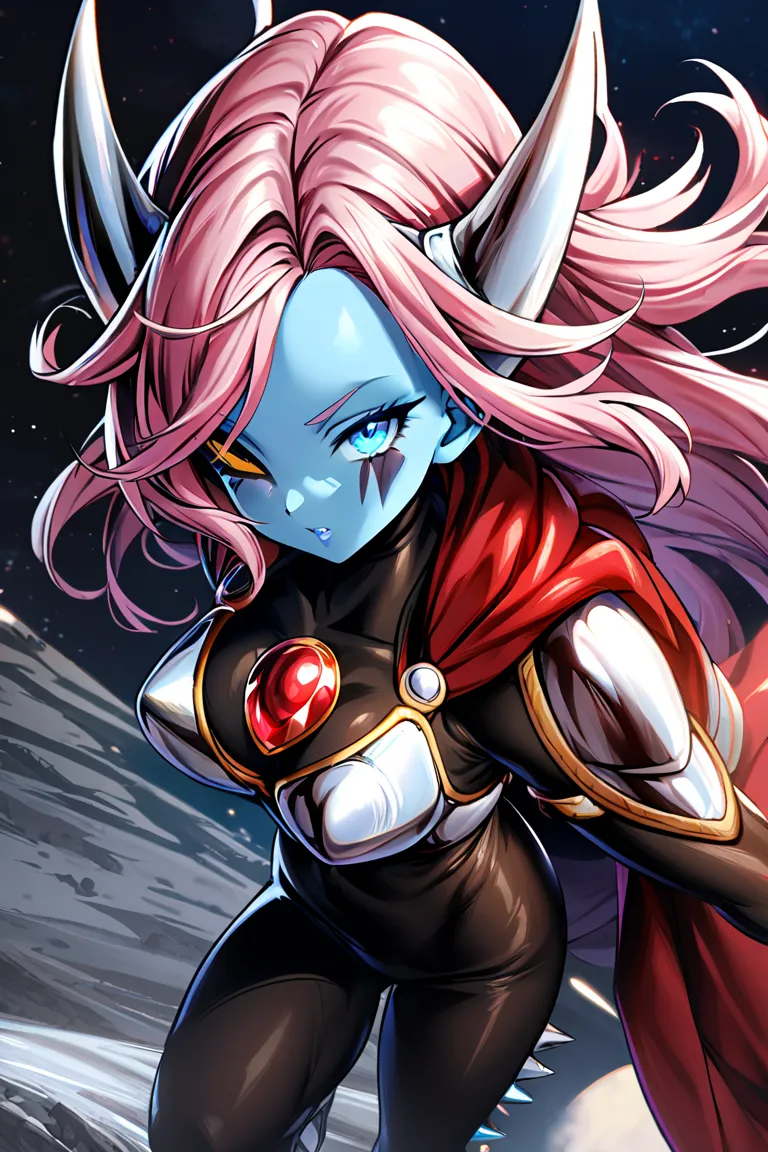 1female, masterpiece, high detail, black Face markings, (cyclops eye), Black bodysuit, light blue skin, Dark pink hair, Spikey hair, Long hair, white armor, blue eye, Space, Red cape, (blue skin), Red gem in chest, Spike armor, (one eye)