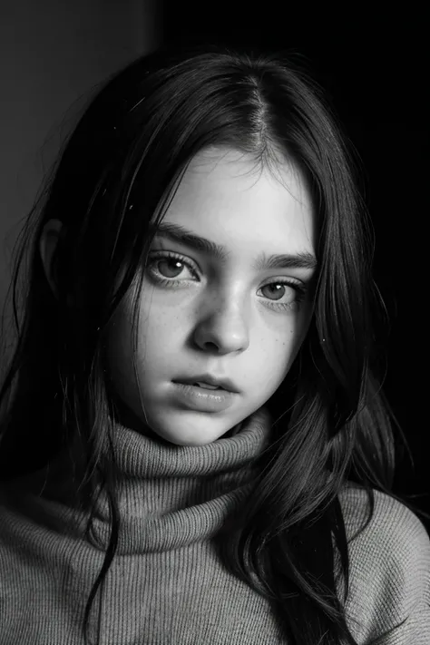 closeup photo of girl, chiaroscuro portraits, soft and dreamy, beautiful, grim realism, supernatural realism, 12yo, extra-dark brown eyes, thin long black hair, (((very pale skin))), a deep and penetrating to the depths of soul and seriously look, hair on ...