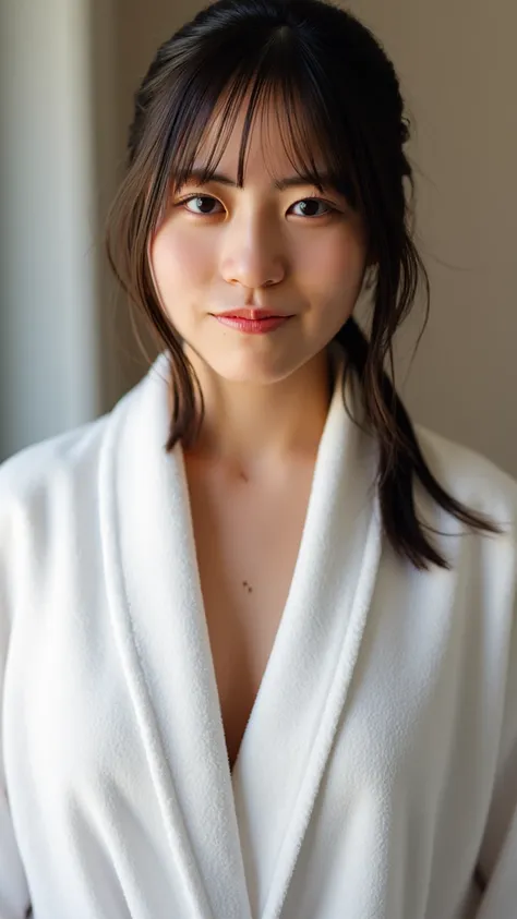 solo, High Resolution, masterpiece, anatomically correct, Top Quality, Ultra High Definition, textured skin, woman、big breasts、4K、blurred background、(((My hair is getting drenched))),  after taking a bath、(((white bathrobe with open front))), upper body sh...