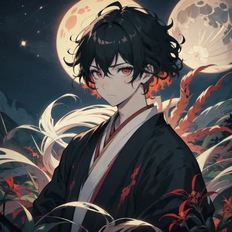 white skin,Odd Eye,male, Lantern, expression with closed mouth,Night Sky,starry sky, kimono,The moon is in the upper left corner of the background,The red spider lilies are blooming,lonely expression,solo, accurate, High Resolution, Top Quality,solo, Alone...