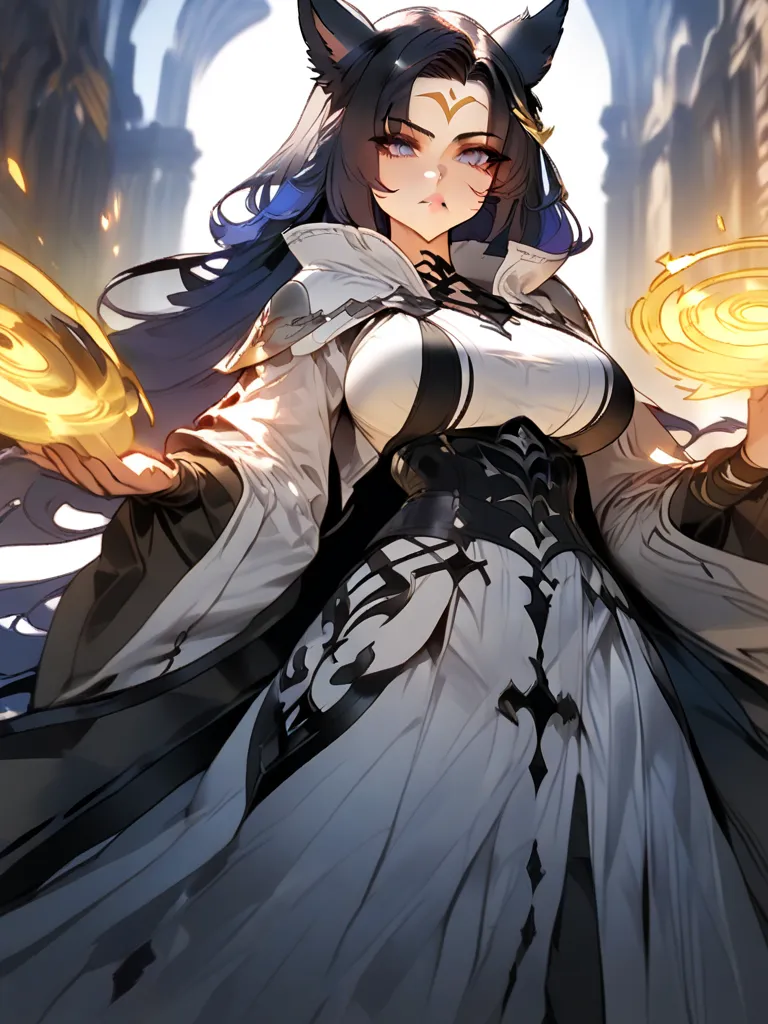 Best quality, extreme details, hdr, masterpiece, perfect eyes, 1female, absurdes, clean lines, ombré colors, extreme bold outlines, perfect hands, guweiz 

very detailed full body of a female miqo’te, keepers of the moon, extreme long dark blue hair straig...